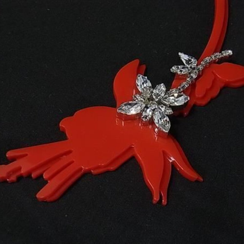 Prada Necklace Red Silver Plex Crystal Bird Tri Flower Hana - Picture 3 of 5